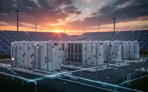 Moderne Batteriespeicheranlage bei Sonnenuntergang mit Solarpark im Hintergrund, symbolisiert Energiespeicherung und erneuerbare Energien. - Foto: über boerse-global.de