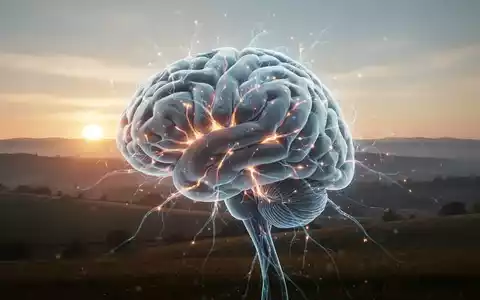 Ein stilisiertes Gehirn mit leuchtenden neuronalen Pfaden, eingebettet in eine ruhige Landschaft mit Sonnenaufgang, symbolisiert Optimismus und kognitive Gesundheit. - Foto: über boerse-global.de