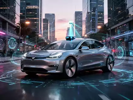A modern self-driving car with visible sensor technology driving on a city street at dusk, symbolizing advanced ADAS and data collection. - Foto: über boerse-global.de
