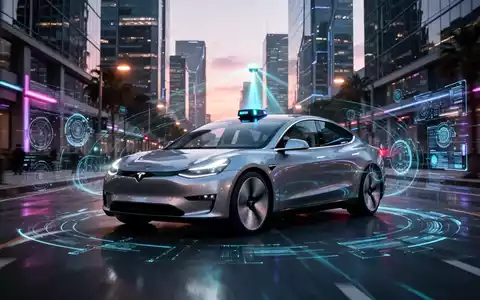 A modern self-driving car with visible sensor technology driving on a city street at dusk, symbolizing advanced ADAS and data collection. - Foto: über boerse-global.de