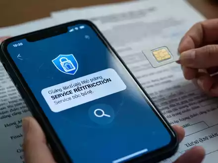 Ein Smartphone-Bildschirm zeigt eine Benachrichtigung über Dienstbeschränkungen, im Hintergrund eine Hand mit einer SIM-Karte. - Foto: über boerse-global.de
