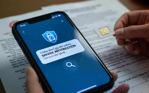 Ein Smartphone-Bildschirm zeigt eine Benachrichtigung über Dienstbeschränkungen, im Hintergrund eine Hand mit einer SIM-Karte. - Foto: über boerse-global.de