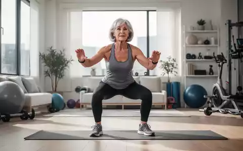 Eine fitte, aktive Seniorin in den 60ern führt eine Kniebeuge mit dem eigenen Körpergewicht in einem modernen Heim-Fitnessstudio aus. - Foto: über boerse-global.de