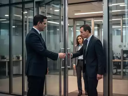Ein Sicherheitsexperte hält unauffällig eine Tür für einen Mitarbeiter in einem modernen Bürogebäude offen, was eine Schwachstelle in der physischen Sicherheit darstellt. - Foto: über boerse-global.de