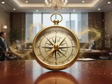 Ein goldener Kompass mit einem prominenten 'N' für Norden, umgeben von glitzerndem Goldstaub, in einem luxuriösen Büro. - Foto: über boerse-global.de