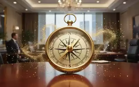 Ein goldener Kompass mit einem prominenten 'N' für Norden, umgeben von glitzerndem Goldstaub, in einem luxuriösen Büro. - Foto: über boerse-global.de