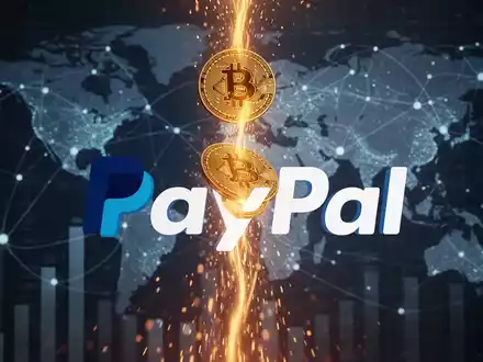 Bitcoin symbol digitally flowing into a PayPal logo, set against a backdrop of abstract financial data and global networks. - Foto: über boerse-global.de