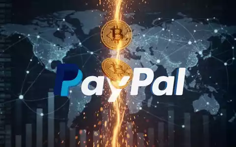 Bitcoin symbol digitally flowing into a PayPal logo, set against a backdrop of abstract financial data and global networks. - Foto: über boerse-global.de