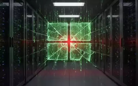 A stylized, fractured Microsoft logo with glowing green binary code overlay in a dimly lit server room, symbolizing a cyberattack. - Foto: über boerse-global.de