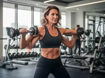 Eine fitte Frau mittleren Alters trainiert mit leichten Gewichten in einem modernen Fitnessstudio, fokusiert auf Krafttraining. - Foto: ĂŒber boerse-global.de