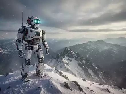 A humanoid robot stands on a snowy mountain peak, looking out over a vast, rugged landscape under a dramatic sky. - Foto: über boerse-global.de