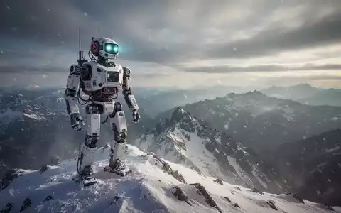 A humanoid robot stands on a snowy mountain peak, looking out over a vast, rugged landscape under a dramatic sky. - Foto: über boerse-global.de