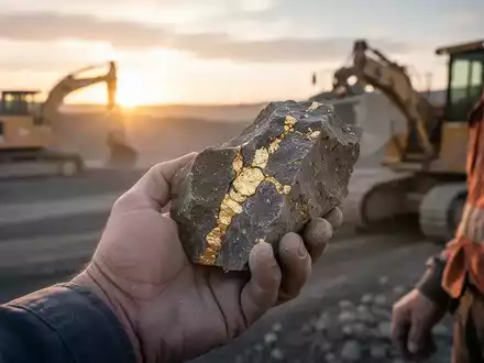 Nahaufnahme einer Geologenhand mit einem Gesteinskern, im Hintergrund eine verschwommene Bergbaustätte bei Sonnenaufgang. - Foto: über boerse-global.de