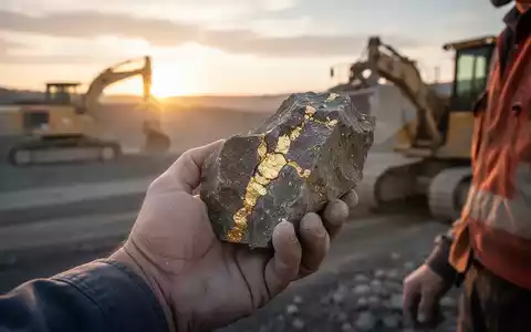 Nahaufnahme einer Geologenhand mit einem Gesteinskern, im Hintergrund eine verschwommene Bergbaustätte bei Sonnenaufgang. - Foto: über boerse-global.de