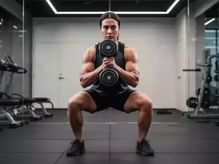 Eine Person führt eine Goblet-Kniebeuge mit einer Hantel in einem modernen Fitnessstudio aus, Fokus auf Koordination und Muskeln. - Foto: über boerse-global.de