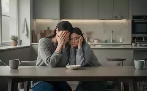 Eine erschöpfte Frau sitzt mit dem Kopf in den Händen an einem Küchentisch, was auf emotionale Belastung und Burnout hindeutet. - Foto: über boerse-global.de
