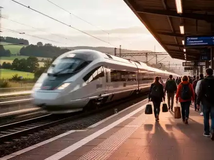 Ein moderner Hochgeschwindigkeitszug fährt durch eine Landschaft, während Passagiere auf einem Bahnsteig in einem belebten Bahnhof warten. - Foto: über boerse-global.de
