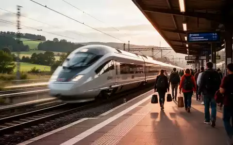 Ein moderner Hochgeschwindigkeitszug fährt durch eine Landschaft, während Passagiere auf einem Bahnsteig in einem belebten Bahnhof warten. - Foto: über boerse-global.de