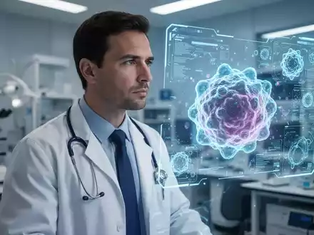 Ein männlicher Arzt in einem Labor blickt auf eine holografische Anzeige mit biologischen Daten, die Krebsforschung darstellt. - Foto: über boerse-global.de
