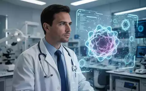 Ein männlicher Arzt in einem Labor blickt auf eine holografische Anzeige mit biologischen Daten, die Krebsforschung darstellt. - Foto: über boerse-global.de