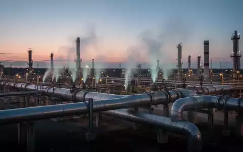 Industrielle Gaspipeline-Infrastruktur bei Dämmerung, mit subtil entweichenden Methanfahnen, aus leicht erhöhter Perspektive. - Foto: über boerse-global.de