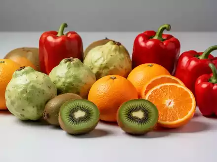 Ein Stillleben mit verschiedenen Vitamin C-reichen Früchten wie Guaven, Kiwis, Orangen und roten Paprika, ansprechend arrangiert. - Foto: über boerse-global.de