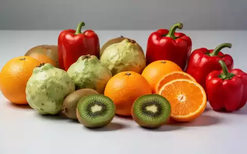 Ein Stillleben mit verschiedenen Vitamin C-reichen FrĂĽchten wie Guaven, Kiwis, Orangen und roten Paprika, ansprechend arrangiert. - Foto: ĂĽber boerse-global.de