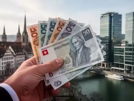 Nahaufnahme einer Hand, die Schweizer Franken-Banknoten hält, mit der Skyline von Basel im unscharfen Hintergrund. - Foto: über boerse-global.de