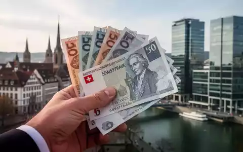 Nahaufnahme einer Hand, die Schweizer Franken-Banknoten hält, mit der Skyline von Basel im unscharfen Hintergrund. - Foto: über boerse-global.de
