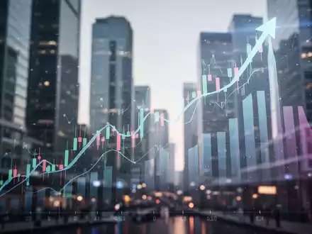 Ein digitaler Aktienchart zeigt einen starken Aufwärtstrend mit einer positiven Marktentwicklung vor einem verschwommenen Finanzviertel. - Foto: über boerse-global.de