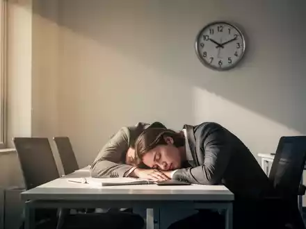 Eine Person ruht friedlich ihren Kopf auf einem Schreibtisch in einem hellen Büro, das einen Powernap am frühen Nachmittag darstellt. - Foto: über boerse-global.de