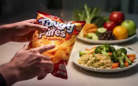 Hände greifen nach einer Packung hochverarbeiteter Lebensmittel, während im Hintergrund eine gesunde Mahlzeit unscharf zu sehen ist. - Foto: über boerse-global.de