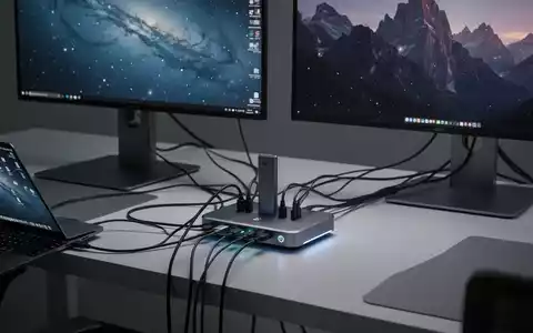 Eine moderne Dockingstation verbindet einen Laptop mit zwei Monitoren auf einem aufgeräumten Schreibtisch. - Foto: über boerse-global.de