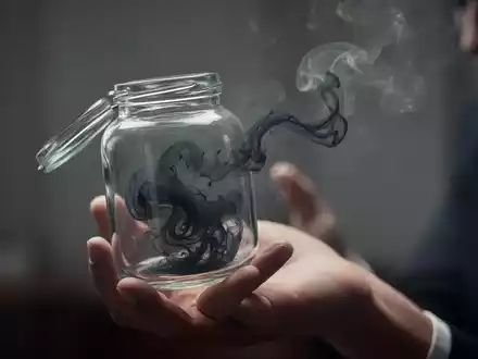 Eine Hand hält ein Glasgefäß, aus dem dunkler Nebel entweicht, der die Freisetzung negativer Emotionen symbolisiert. - Foto: über boerse-global.de
