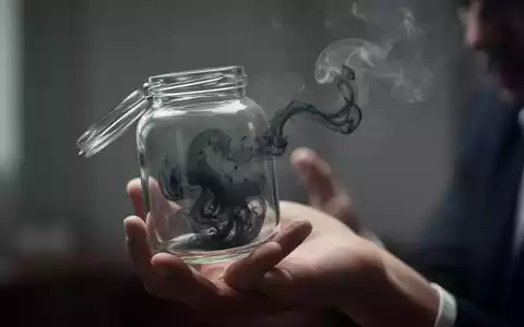 Eine Hand hält ein Glasgefäß, aus dem dunkler Nebel entweicht, der die Freisetzung negativer Emotionen symbolisiert. - Foto: über boerse-global.de