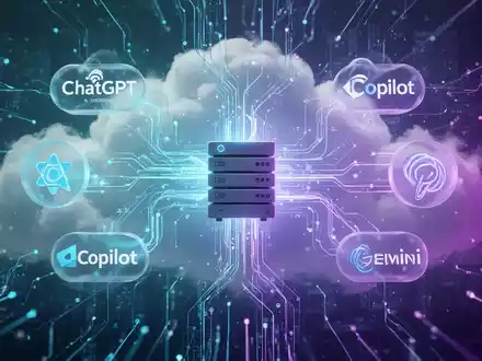 Digital illustration showing data flowing between AI model logos (ChatGPT, Copilot, Gemini) and a central server, representing integration and intelligence. - Foto: über boerse-global.de