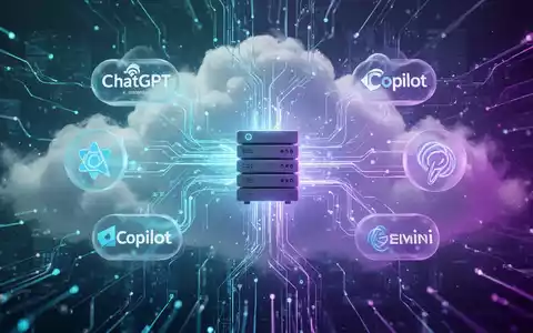 Digital illustration showing data flowing between AI model logos (ChatGPT, Copilot, Gemini) and a central server, representing integration and intelligence. - Foto: über boerse-global.de