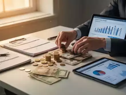 Hände sortieren Münzen und Geldscheine auf einem Schreibtisch mit einem Finanzplaner und Tablet, das Budgetplanung symbolisiert. - Foto: über boerse-global.de