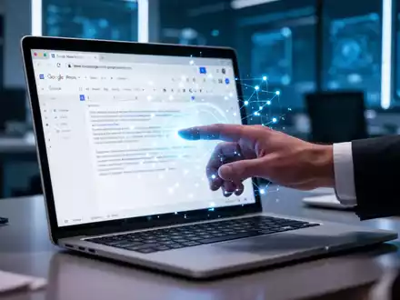 A hand interacting with a holographic AI interface on a laptop screen, integrated into a Google Docs environment. - Foto: über boerse-global.de