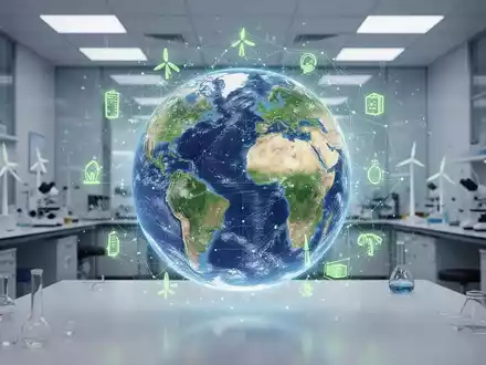 Eine stilisierte, leuchtende Weltkugel umgeben von einem digitalen Netzwerk und grünen Energiesymbolen, im Hintergrund ein Labor. - Foto: über boerse-global.de