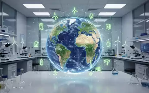 Eine stilisierte, leuchtende Weltkugel umgeben von einem digitalen Netzwerk und grünen Energiesymbolen, im Hintergrund ein Labor. - Foto: über boerse-global.de