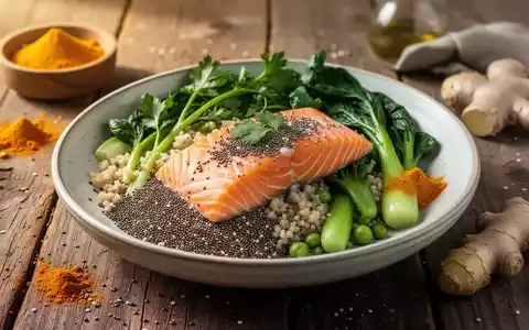 Ein Teller mit Lachs, Chiasamen, grünem Gemüse, Kurkuma und Ingwer auf einem Holztisch, der gesunde Ernährung symbolisiert. - Foto: über boerse-global.de