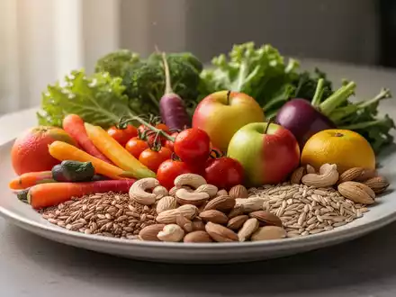 Eine ausgewogene Mahlzeit mit frischem Obst, Gemüse, Nüssen und Vollkornprodukten, die gesunde Ernährung symbolisiert. - Foto: über boerse-global.de