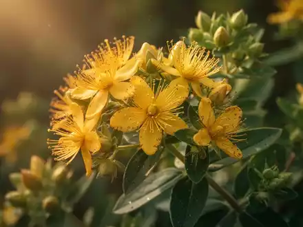 Nahaufnahme von blühendem Johanniskraut mit grünen Blättern, warm beleuchtet, symbolisiert natürliche Heilung und Ruhe. - Foto: über boerse-global.de