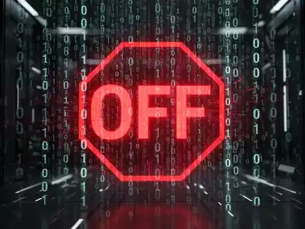 A digital representation of binary code with a red stop symbol, illustrating a sudden shutdown of advanced technology. - Foto: über boerse-global.de