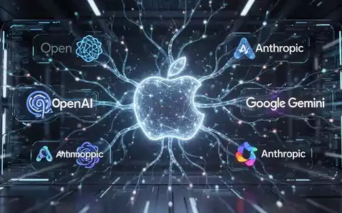 Digital interface showing Apple logo connected to logos of OpenAI, Anthropic, and Google Gemini, representing AI integration. - Foto: über boerse-global.de