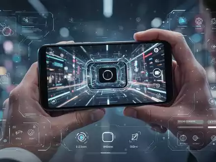 A person holding a smartphone, its screen displaying advanced photography editing tools and a camera interface. - Foto: über boerse-global.de