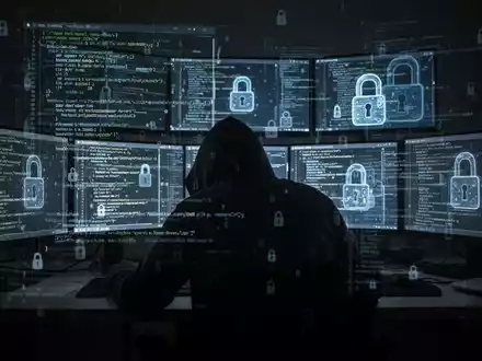 A shadowy figure at computers, representing cybercrime and data theft. - Foto: über boerse-global.de