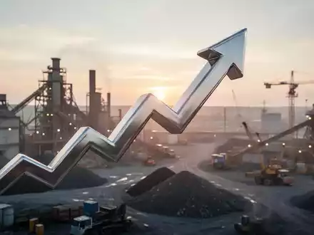 Ein stilisierter, glänzender Pfeil zeigt nach oben über einer industriellen Landschaft, symbolisiert Wachstum. - Foto: über boerse-global.de