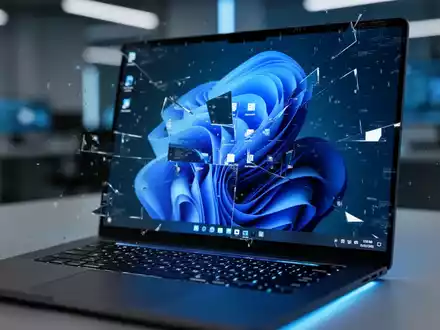 A close-up of a laptop screen showing a glitched Windows 11 desktop, with digital artifacts and a blue glow. - Foto: über boerse-global.de